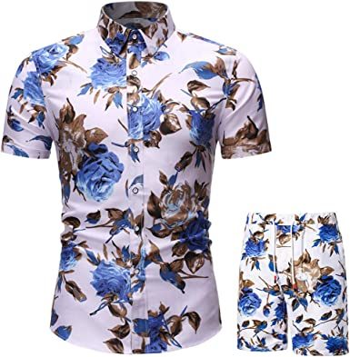 Men's Flower 2 Piece Tracksuit Shirt Casual Hawaiian Short Sleeve Shirts and Pants Suit - VINE GLOBAL
