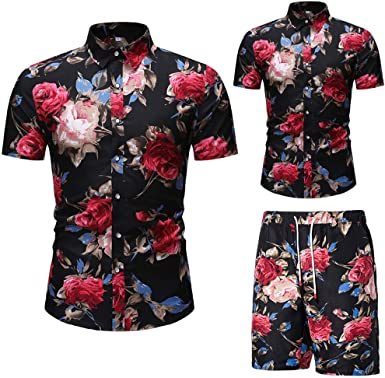 Men's Flower 2 Piece Tracksuit Shirt Casual Hawaiian Short Sleeve Shirts and Pants Suit - VINE GLOBAL