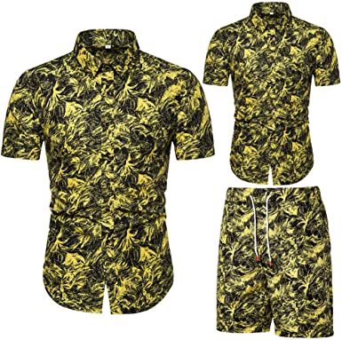 Men's Flower 2 Piece Tracksuit Shirt Casual Hawaiian Short Sleeve Shirts and Pants Suit - VINE GLOBAL