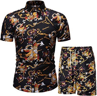 Men's Flower 2 Piece Tracksuit Shirt Casual Hawaiian Short Sleeve Shirts and Pants Suit - VINE GLOBAL