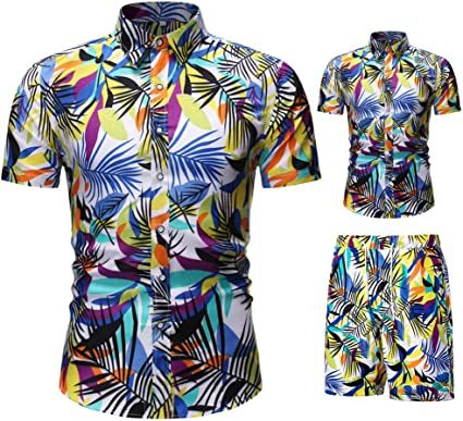 Men's Flower 2 Piece Tracksuit Shirt Casual Hawaiian Short Sleeve Shirts and Pants Suit - VINE GLOBAL