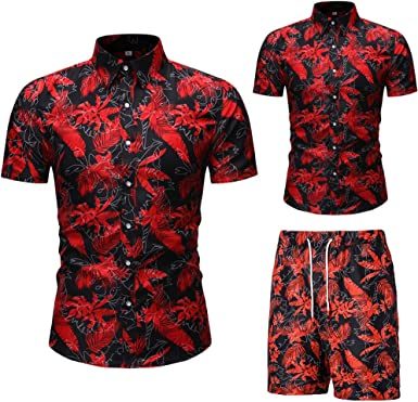 Men's Flower 2 Piece Tracksuit Shirt Casual Hawaiian Short Sleeve Shirts and Pants Suit - VINE GLOBAL