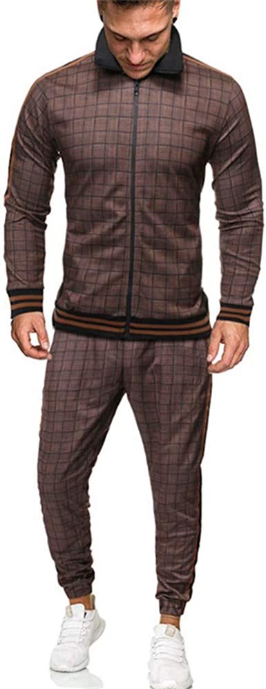 Men's 2 Pieces Tracksuits Jacket and Pants Casual Full Zip Running Jogging Athletic Plaid Sports Sweatsuits - VINE GLOBAL