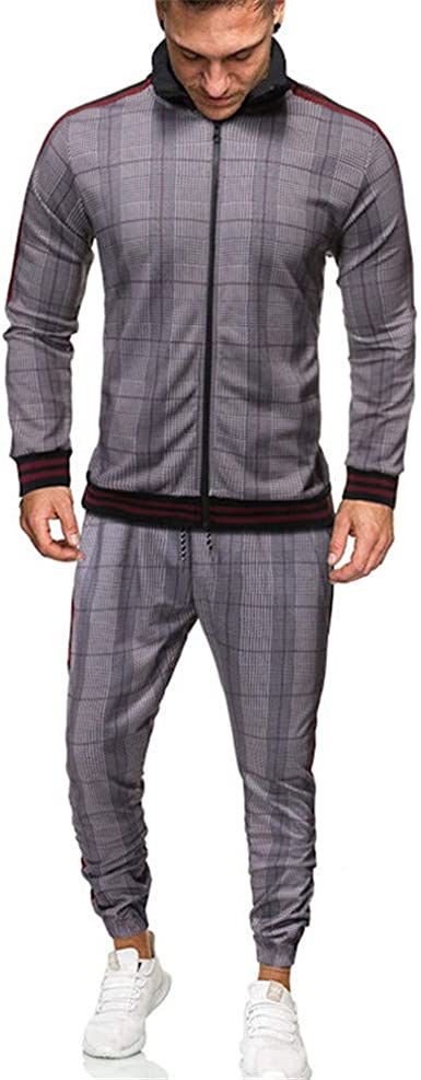 Men's 2 Pieces Tracksuits Jacket and Pants Casual Full Zip Running Jogging Athletic Plaid Sports Sweatsuits - VINE GLOBAL