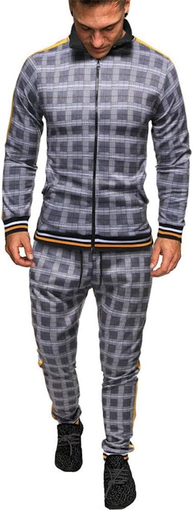 Men's 2 Pieces Tracksuits Jacket and Pants Casual Full Zip Running Jogging Athletic Plaid Sports Sweatsuits - VINE GLOBAL