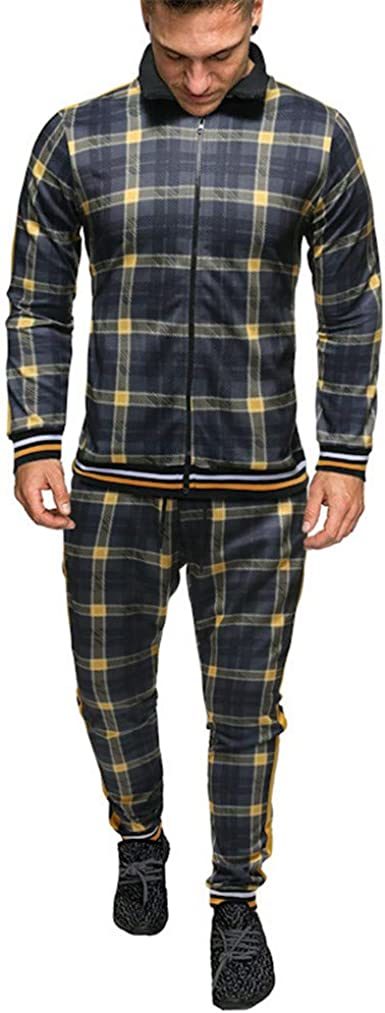 Men's 2 Pieces Tracksuits Jacket and Pants Casual Full Zip Running Jogging Athletic Plaid Sports Sweatsuits - VINE GLOBAL