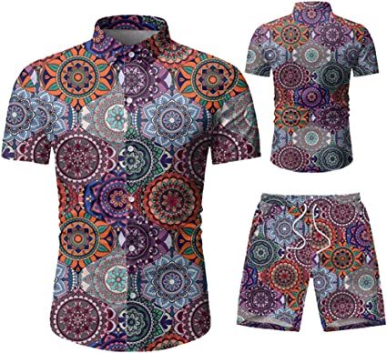 Men's 2 Piece Tracksuit Shirt Flower Casual Button Down Short Sleeve Shirts and Pants Suit - VINE GLOBAL
