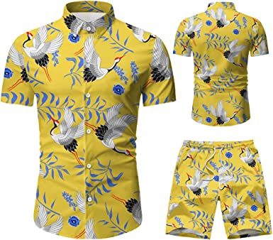 Men's 2 Piece Tracksuit Shirt Flower Casual Button Down Short Sleeve Shirts and Pants Suit - VINE GLOBAL