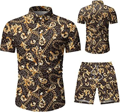 Men's 2 Piece Tracksuit Shirt Flower Casual Button Down Short Sleeve Shirts and Pants Suit - VINE GLOBAL
