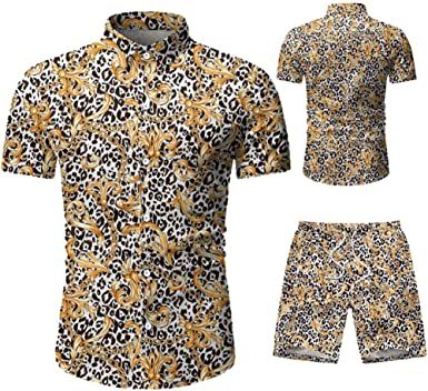 Men's 2 Piece Tracksuit Shirt Flower Casual Button Down Short Sleeve Shirts and Pants Suit - VINE GLOBAL