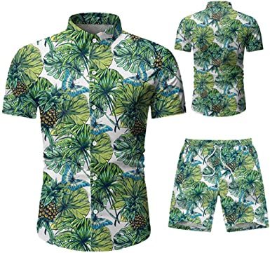 Men's 2 Piece Tracksuit Shirt Flower Casual Button Down Short Sleeve Shirts and Pants Suit - VINE GLOBAL