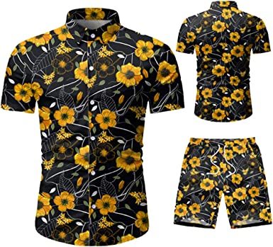 Men's 2 Piece Tracksuit Shirt Flower Casual Button Down Short Sleeve Shirts and Pants Suit - VINE GLOBAL