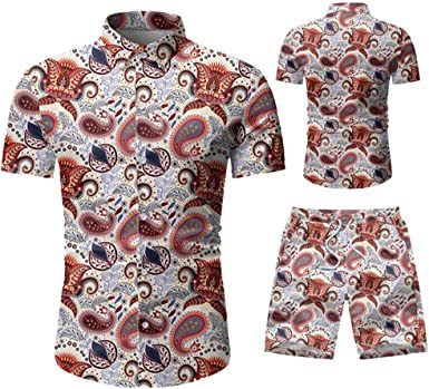 Men's 2 Piece Tracksuit Shirt Flower Casual Button Down Short Sleeve Shirts and Pants Suit - VINE GLOBAL