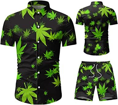 Men's 2 Piece Tracksuit Shirt Flower Casual Button Down Short Sleeve Shirts and Pants Suit - VINE GLOBAL