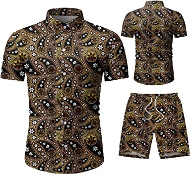 Men's 2 Piece Tracksuit Shirt Flower Casual Button Down Short Sleeve Shirts and Pants Suit - VINE GLOBAL