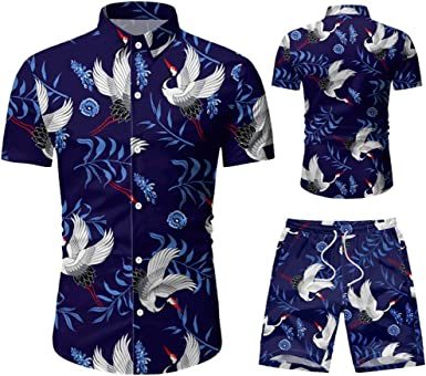 Men's 2 Piece Tracksuit Shirt Flower Casual Button Down Short Sleeve Shirts and Pants Suit - VINE GLOBAL