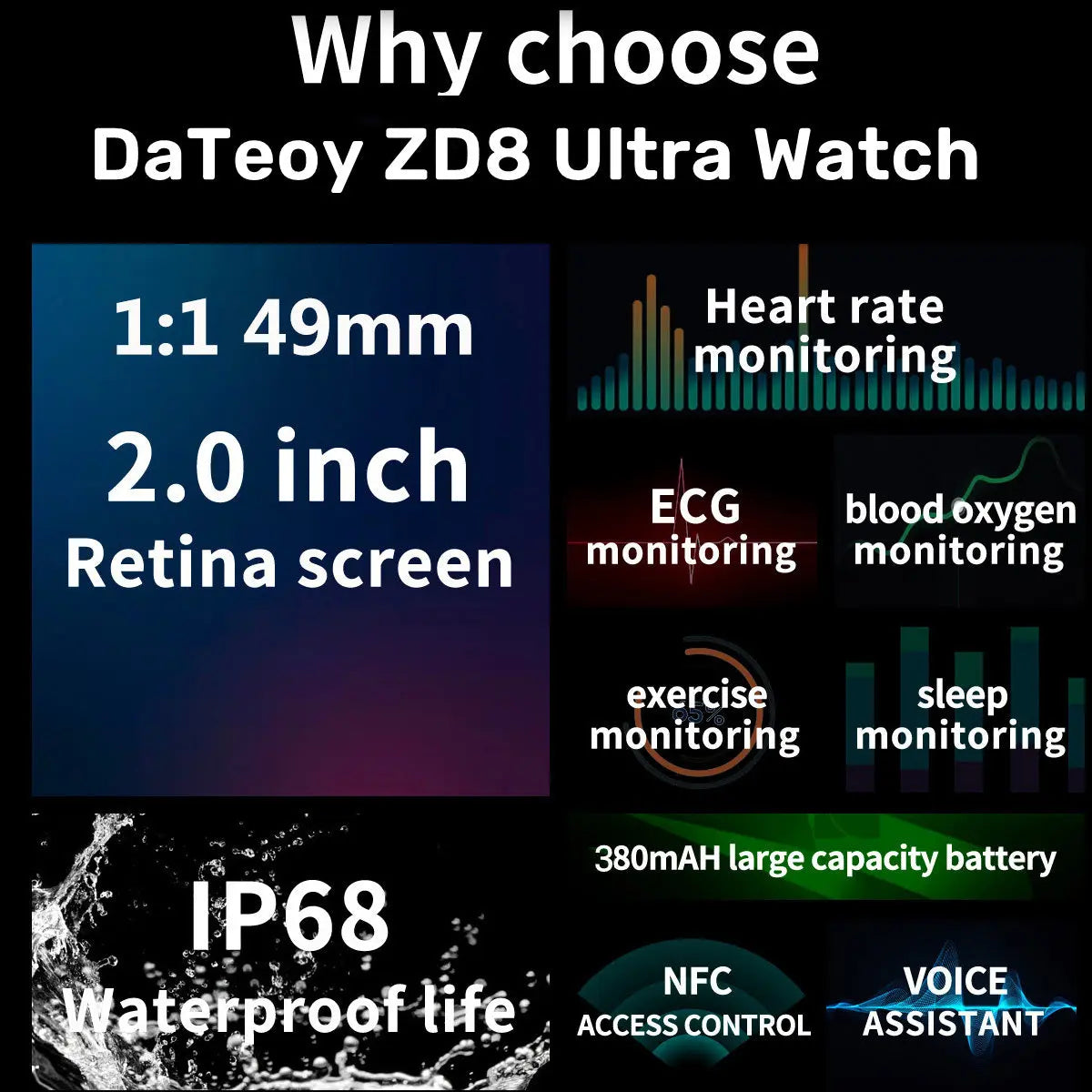 DaTeoy ZD8 Ultra Smart Watch Series 8 49mm Titanium Alloy Body 2.0" Retina Screen BT Call NFC ECG IP68 Waterproof Smartwatch Men - VINE GLOBAL