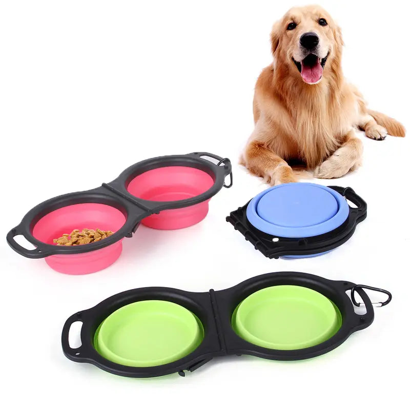 Rubber Folding Double Bowl Portable Pet Feeding Watering Bowl Outdoor Dog Food Bowl Cat Folding Food Multicolor Utensils - VINE GLOBAL