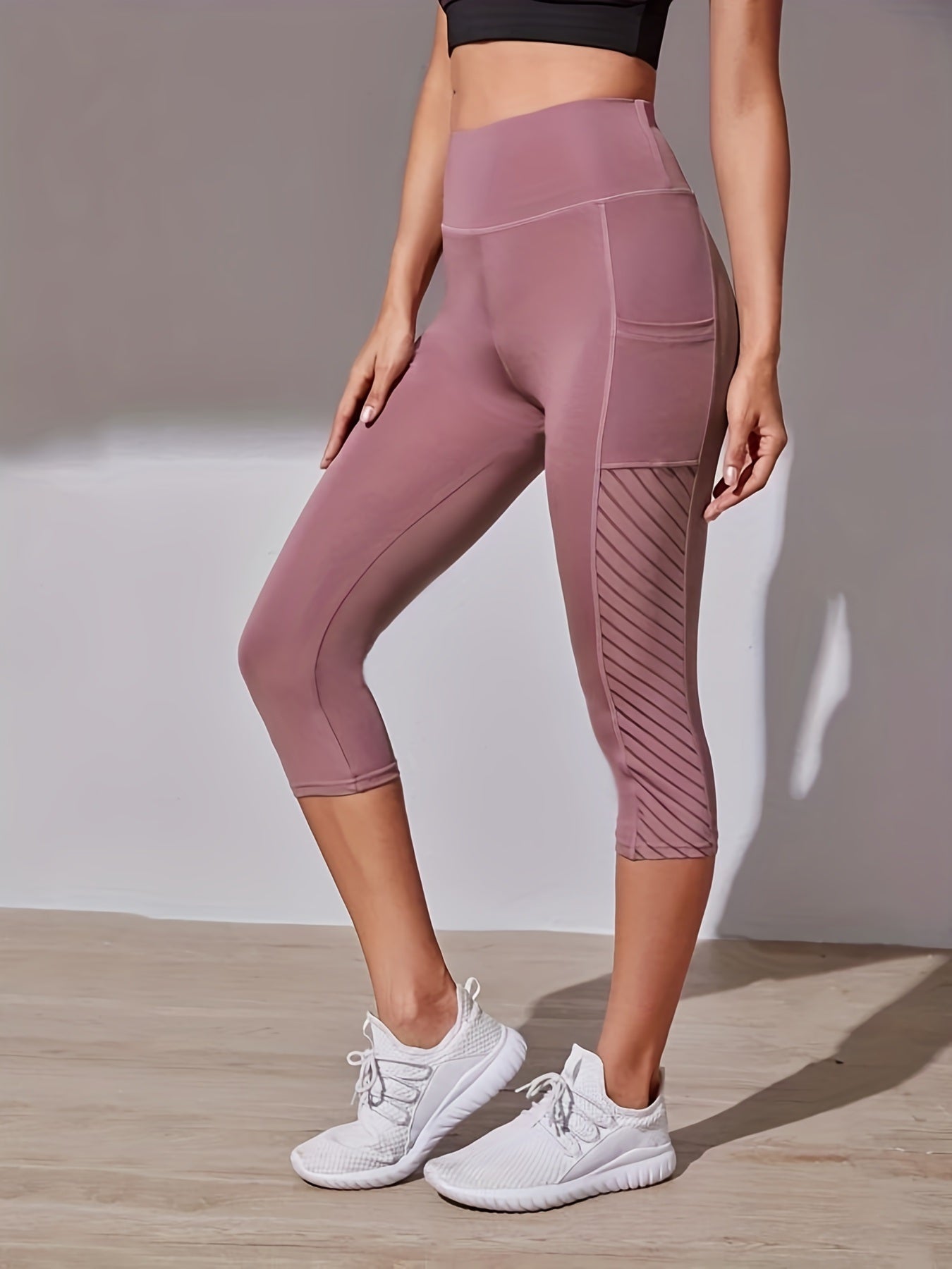 High Waist Yoga Capri Pants, Tummy Control Sports Legging Capri For Women With Out Pockets And Mesh Design - VINE GLOBAL