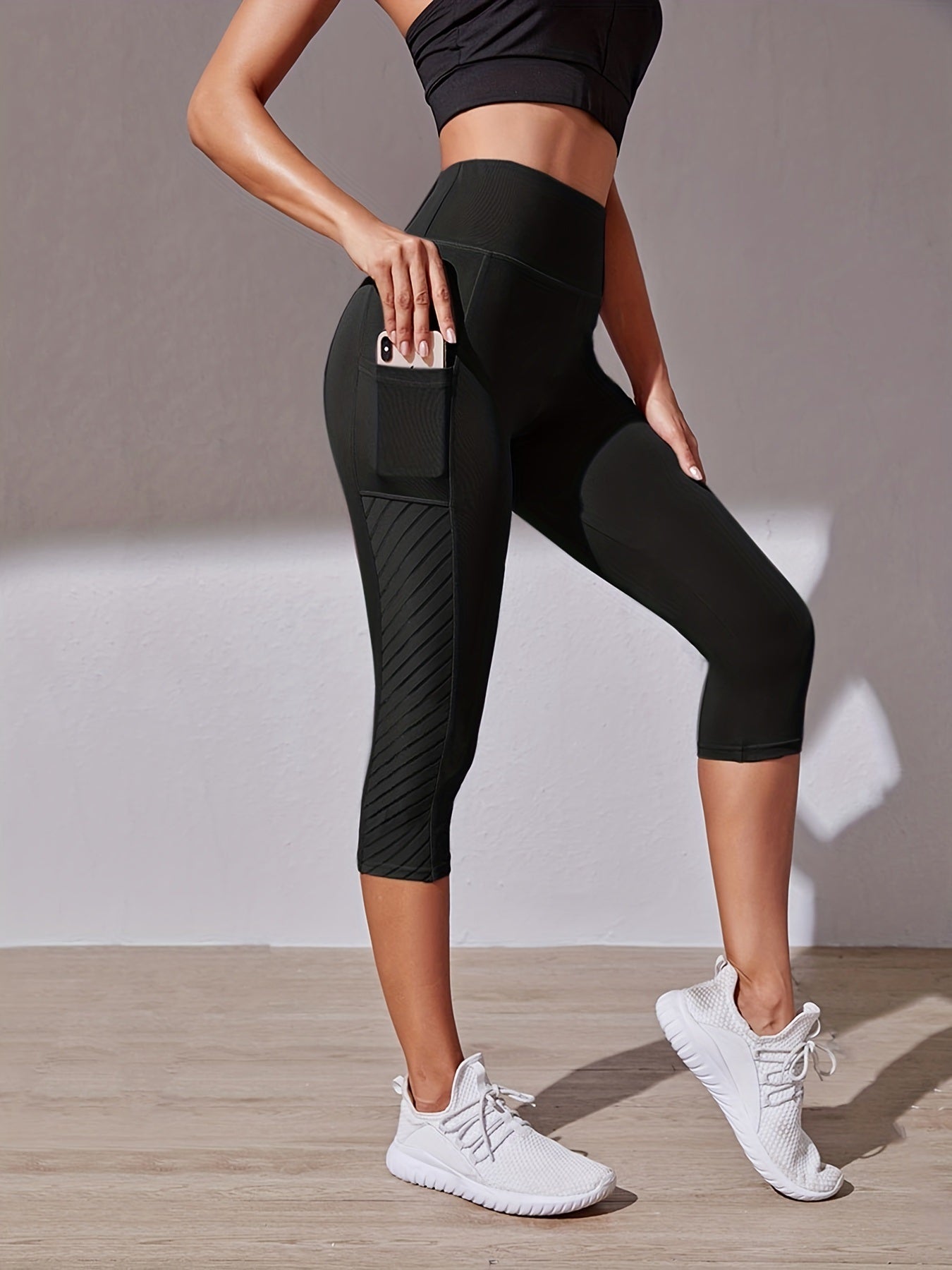 High Waist Yoga Capri Pants, Tummy Control Sports Legging Capri For Women With Out Pockets And Mesh Design - VINE GLOBAL