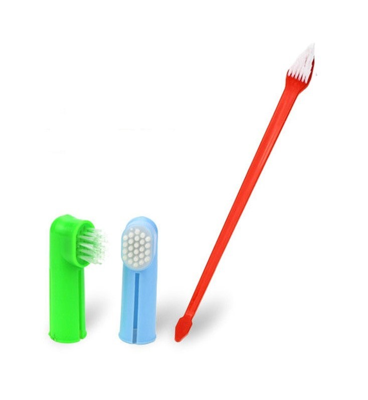 Two Headed Dog Toothbrush Set Canine Dental Hygiene Brush with 2 Finger Brushes Soft Bristles - VINE GLOBAL