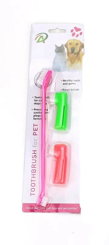Two Headed Dog Toothbrush Set Canine Dental Hygiene Brush with 2 Finger Brushes Soft Bristles - VINE GLOBAL