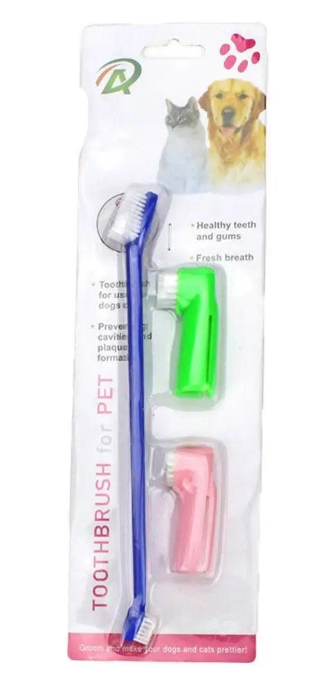 Two Headed Dog Toothbrush Set Canine Dental Hygiene Brush with 2 Finger Brushes Soft Bristles - VINE GLOBAL