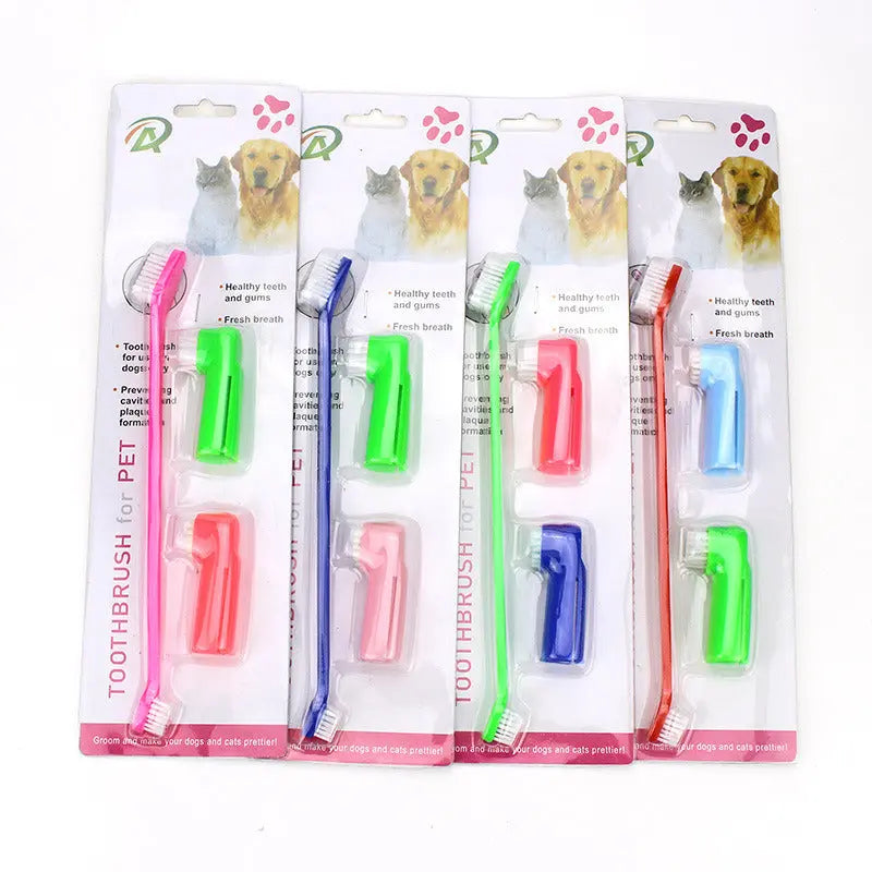 Two Headed Dog Toothbrush Set Canine Dental Hygiene Brush with 2 Finger Brushes Soft Bristles - VINE GLOBAL