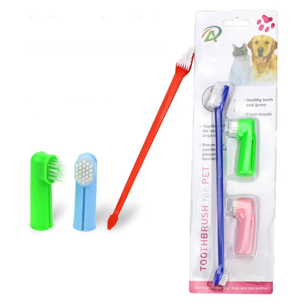 Two Headed Dog Toothbrush Set Canine Dental Hygiene Brush with 2 Finger Brushes Soft Bristles - VINE GLOBAL