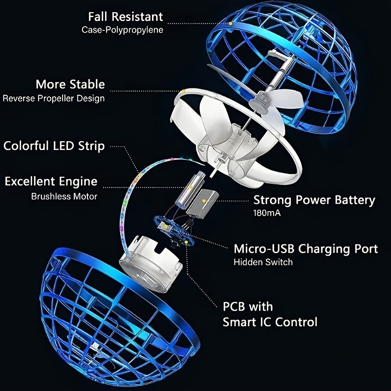 Flying Orb Ball Toy; Magic Hand Controlled Spinner Mini Drone; Fly Orb With 360° Rotating Spinning LED Light Christmas Or New Year Gifts - VINE GLOBAL