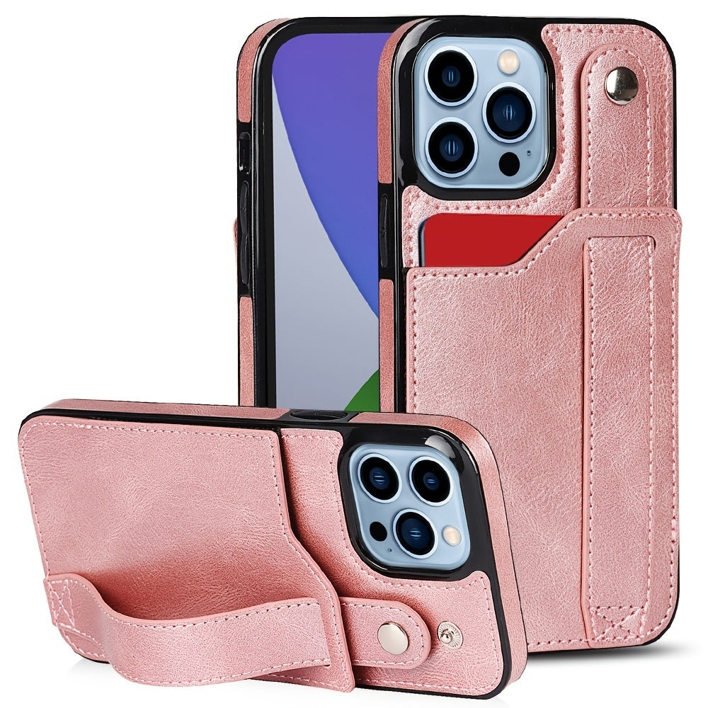 Rose Gold Wallet Wristband Leather Phone Case For; iPhone14 Series; iPhone13 Series ; iPhone12 Series; ; iPhone11 Series ; iPhoneX Series ; iPhone8 Series; 7 Series - VINE GLOBAL