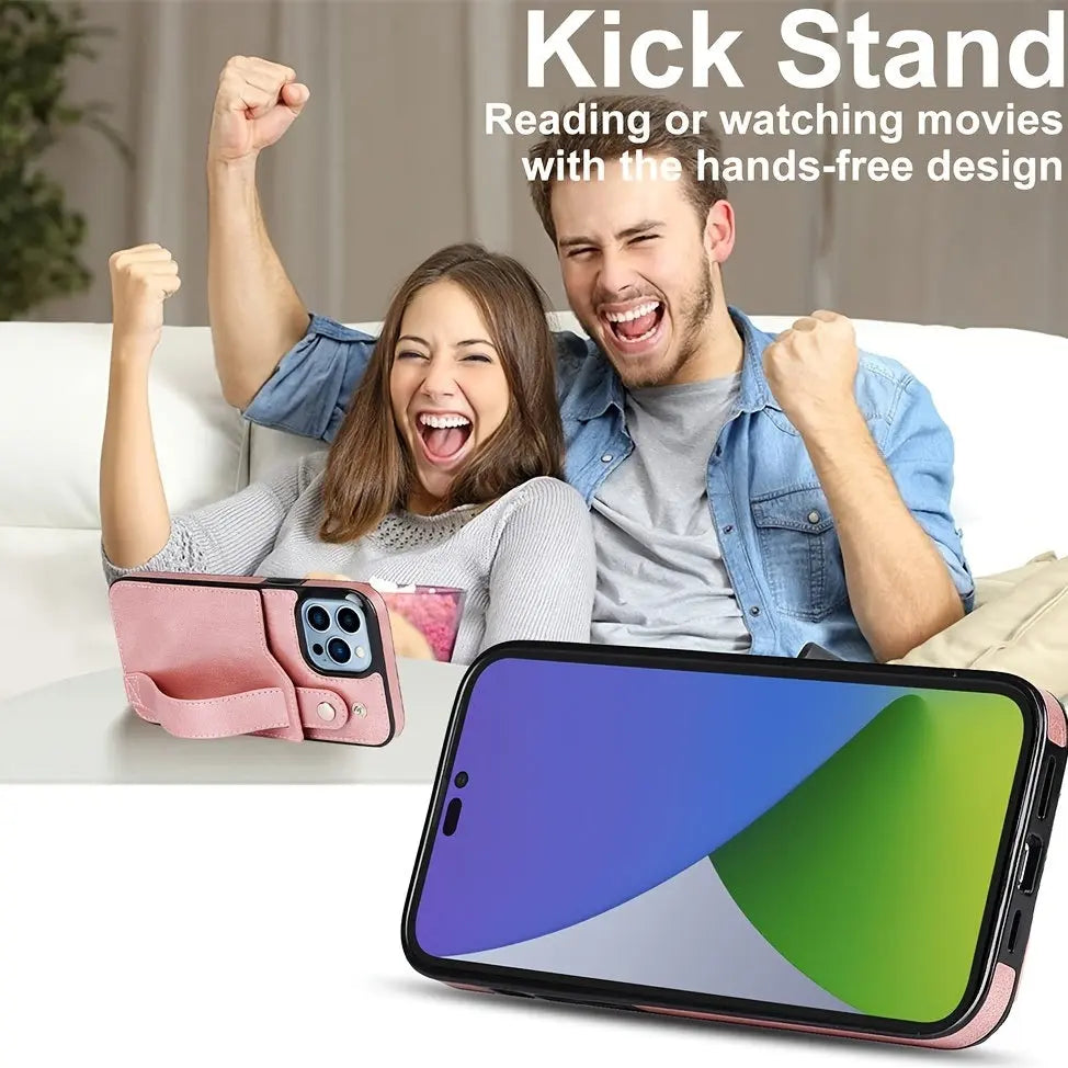 Rose Gold Wallet Wristband Leather Phone Case For; iPhone14 Series; iPhone13 Series ; iPhone12 Series; ; iPhone11 Series ; iPhoneX Series ; iPhone8 Series; 7 Series - VINE GLOBAL