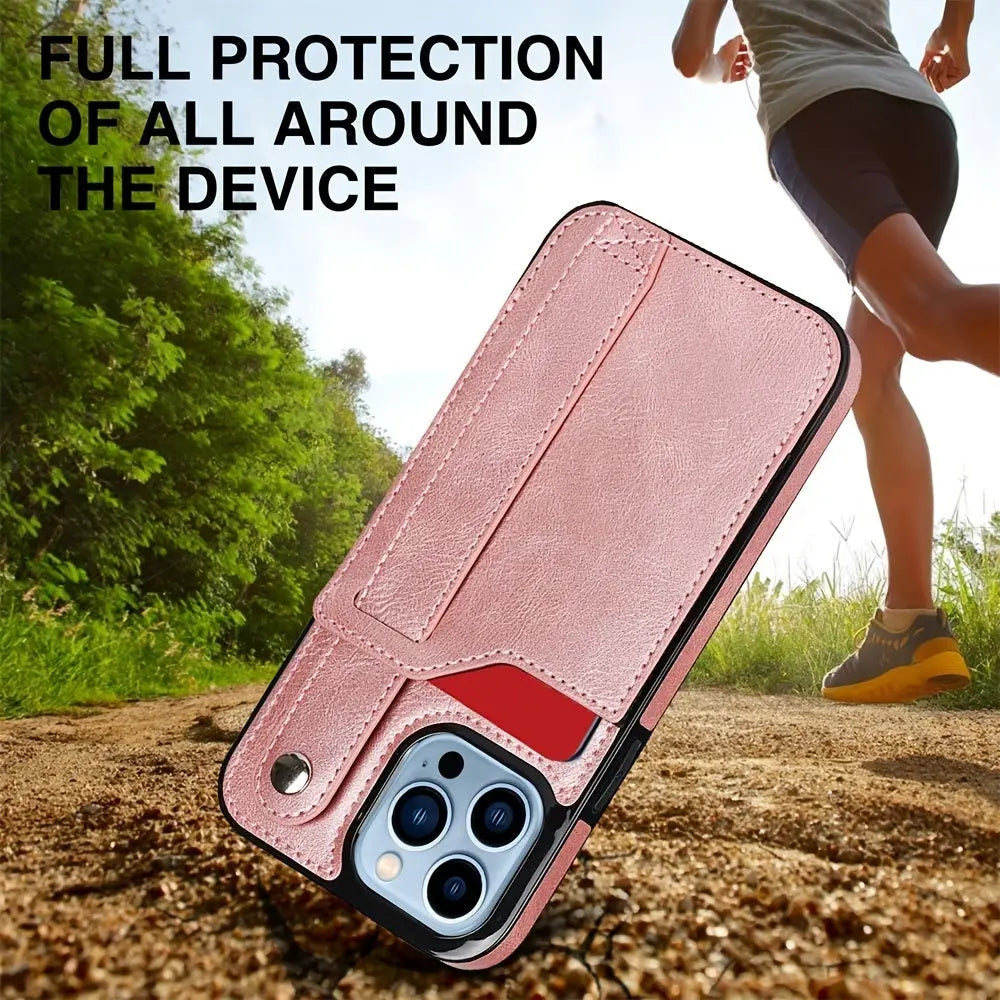 Rose Gold Wallet Wristband Leather Phone Case For; iPhone14 Series; iPhone13 Series ; iPhone12 Series; ; iPhone11 Series ; iPhoneX Series ; iPhone8 Series; 7 Series - VINE GLOBAL