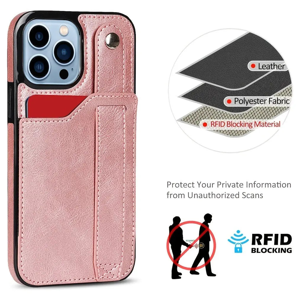 Rose Gold Wallet Wristband Leather Phone Case For; iPhone14 Series; iPhone13 Series ; iPhone12 Series; ; iPhone11 Series ; iPhoneX Series ; iPhone8 Series; 7 Series - VINE GLOBAL