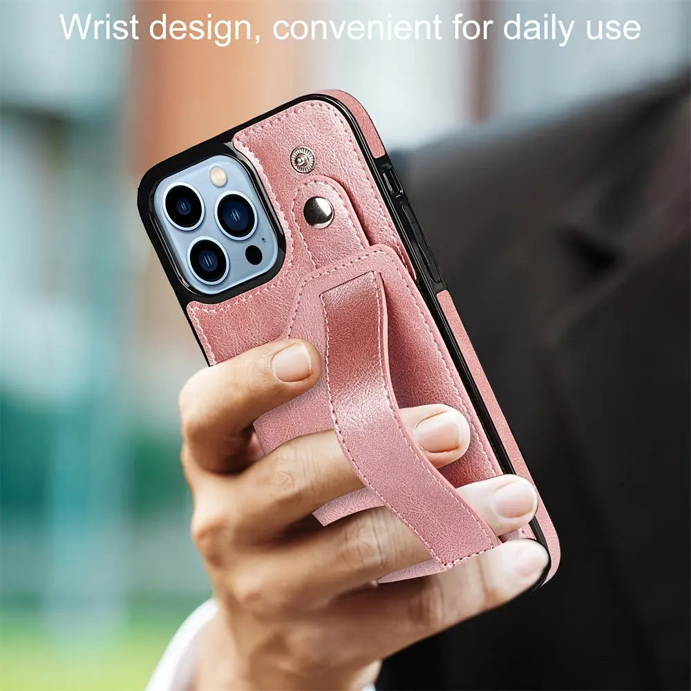 Rose Gold Wallet Wristband Leather Phone Case For; iPhone14 Series; iPhone13 Series ; iPhone12 Series; ; iPhone11 Series ; iPhoneX Series ; iPhone8 Series; 7 Series - VINE GLOBAL