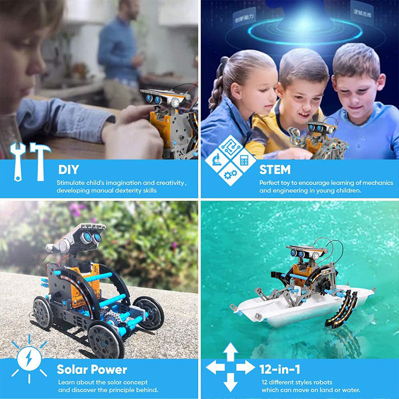 STEM Solar Robot Kit For Kids; 12-in-1 Educational STEM Science Experiment Toys; Solar Powered Building Kit DIY For 8 9 10 11 12 13 Years Old Boys & Girls Kids Toy - VINE GLOBAL