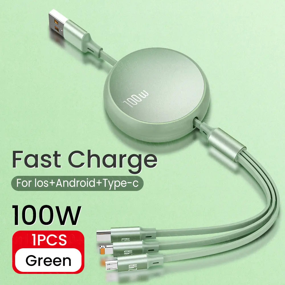 6A 100W 3in1 2in1 Fast USB Cable for Huawei/Honor Retractable Portable 3 in 1 Micro USB Type C Charger Cable For iPhone Samsung - VINE GLOBAL