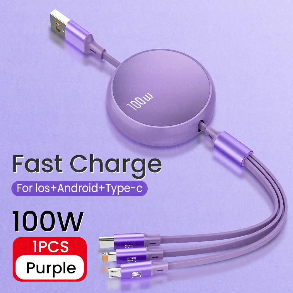 6A 100W 3in1 2in1 Fast USB Cable for Huawei/Honor Retractable Portable 3 in 1 Micro USB Type C Charger Cable For iPhone Samsung - VINE GLOBAL