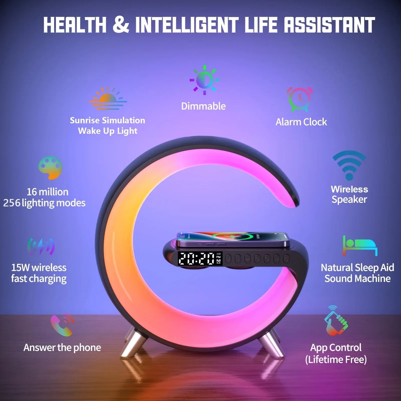 RGB Light Bar Smart Light Sunrise Alarm Clock; Dimmable Table Lamp With Fast Wireless Charger Alarm Clock For Heavy Sleepers Adults For Bedroom; Dorm; Gift - VINE GLOBAL