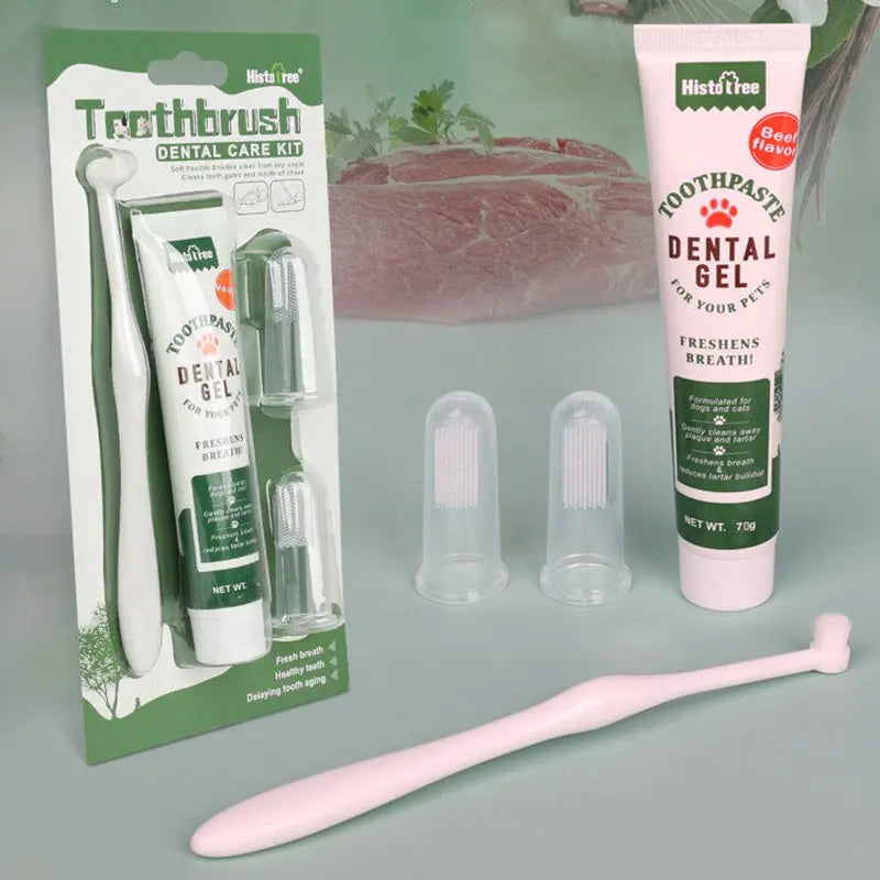 Oral Hygiene Kit For Cats And Dogs 3 Piece Set With Dual Ended Toothbrush, Finger Brush, And Poultry Flavor Tube Of Toothpaste Remove Plaque Tartar Buildup - VINE GLOBAL