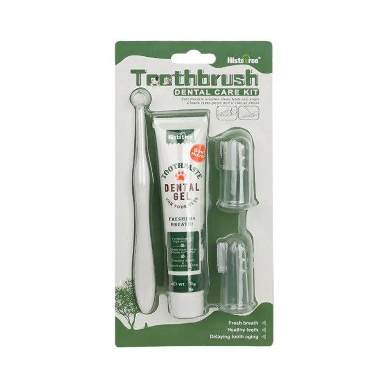 Oral Hygiene Kit For Cats And Dogs 3 Piece Set With Dual Ended Toothbrush, Finger Brush, And Poultry Flavor Tube Of Toothpaste Remove Plaque Tartar Buildup - VINE GLOBAL