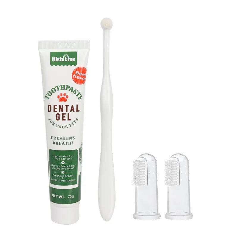Oral Hygiene Kit For Cats And Dogs 3 Piece Set With Dual Ended Toothbrush, Finger Brush, And Poultry Flavor Tube Of Toothpaste Remove Plaque Tartar Buildup - VINE GLOBAL