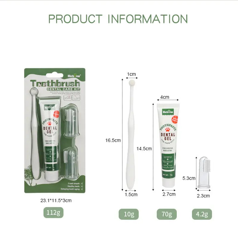 Oral Hygiene Kit For Cats And Dogs 3 Piece Set With Dual Ended Toothbrush, Finger Brush, And Poultry Flavor Tube Of Toothpaste Remove Plaque Tartar Buildup - VINE GLOBAL