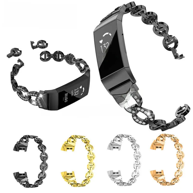 Suitable for fitbit charge3/4 smart bracelet Voo diamond metal bracelet stainless steel alloy metal wristband - VINE GLOBAL