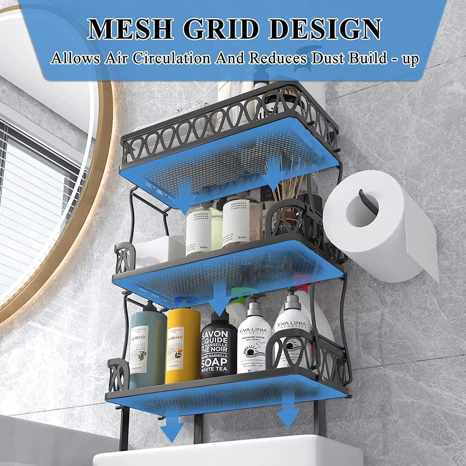 Stacking Shower Shelf Toilet Rack 3 Layer Bathroom Organizer Metal Storage Shelfl Black - VINE GLOBAL
