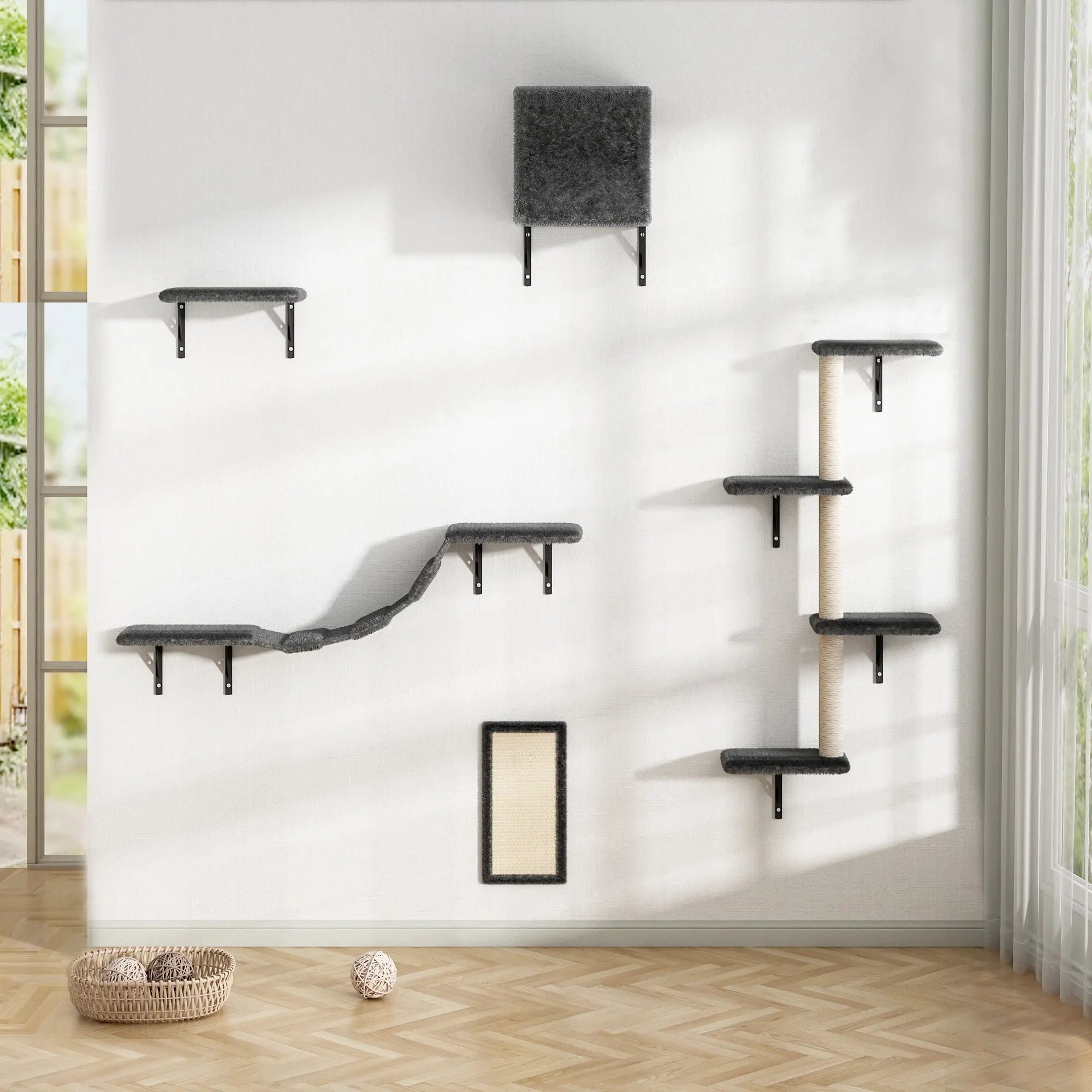 5 Pcs Wall Mounted Cat Climber Set;  Floating Cat Shelves and Perches;  Cat Activity Tree with Scratching Posts;  Modern Cat Furniture - VINE GLOBAL
