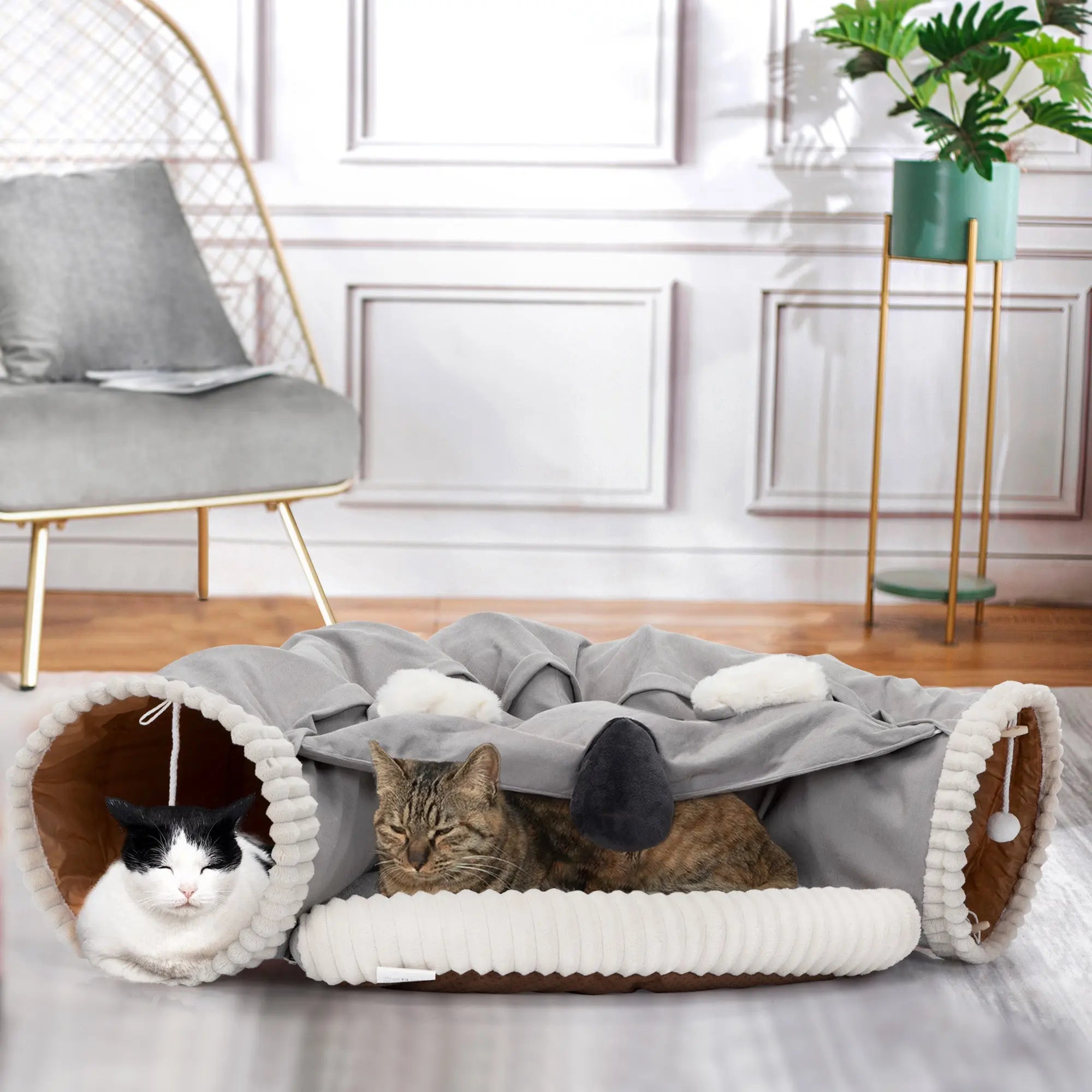 Collapsible Cat Tunnel Bed;  Hide Tunnel for Indoor Cats with Hanging Toys and Cushion Mat;  XH - VINE GLOBAL
