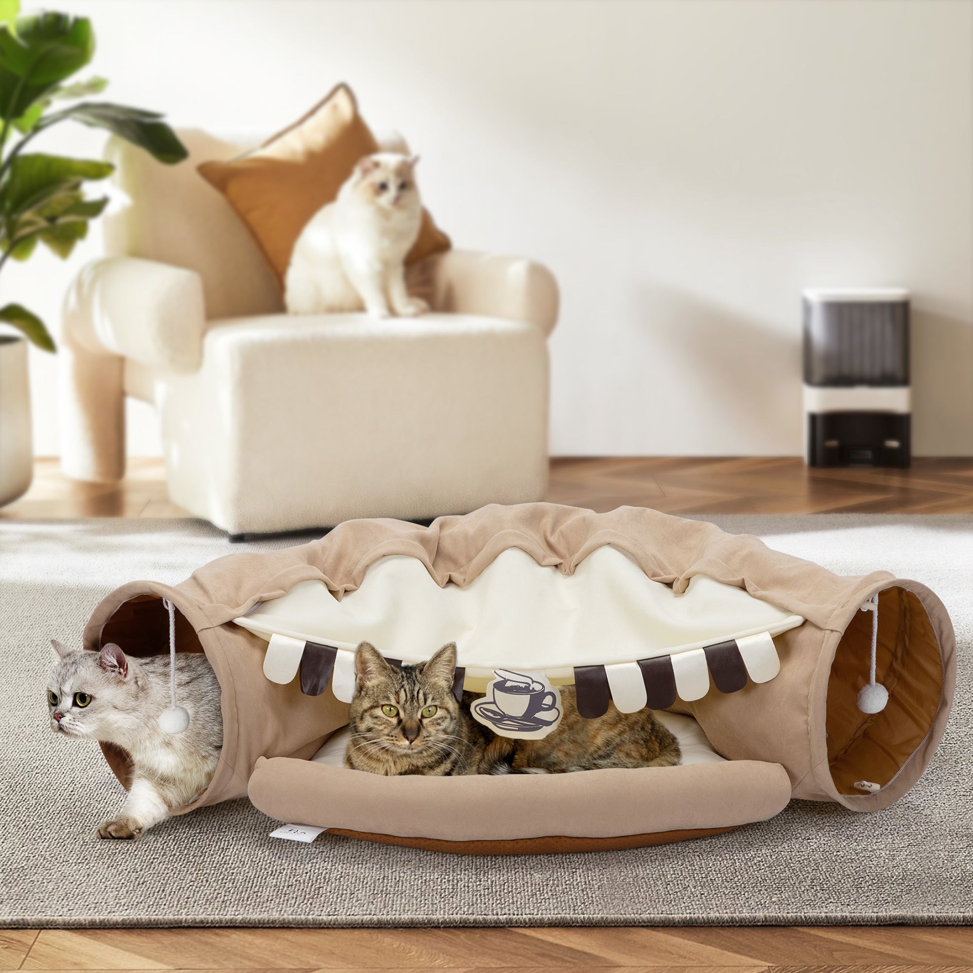 Collapsible Cat Tunnel Bed;  Hide Tunnel for Indoor Cats with Hanging Toys and Cushion Mat;  XH - VINE GLOBAL