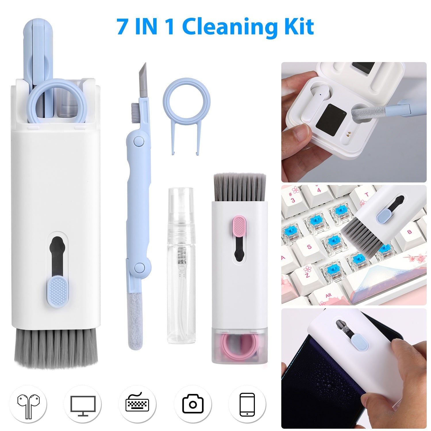 7 in 1 Laptop Keyboard Dust Cleaner Brush Set Earbud Cleaning Pen Electronics Dust Remover with Key Puller Multifunctional Cleaning Tool for PC Tablet - VINE GLOBAL