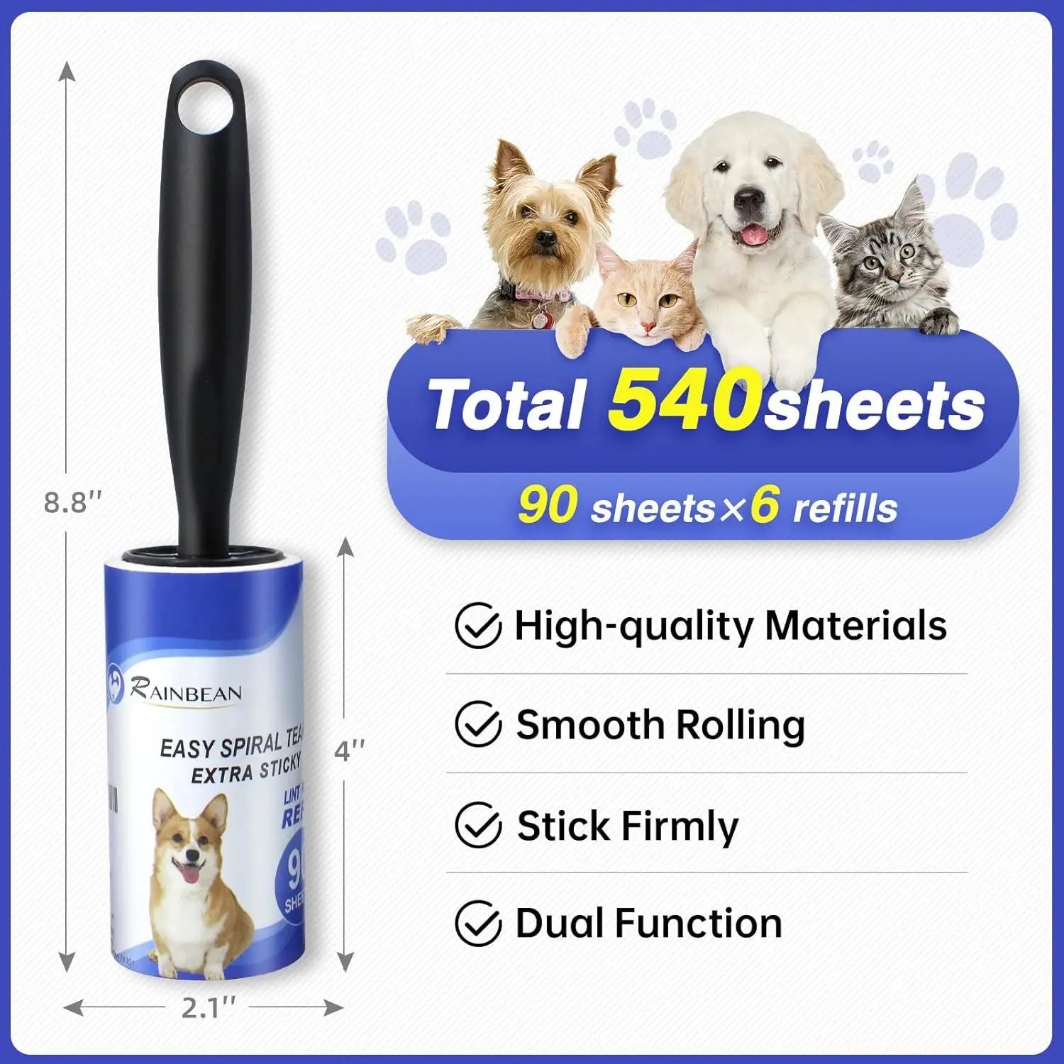RAINBEAN Lint Rollers For Pet Hair Extra Sticky, 540 Sheets 6 Refills Lint Roller With 2 Upgrade Handles, Portable Lint Remover Brush Pet Hair Remover For Dog Cat Hair Removal, Clothes, Furniture - VINE GLOBAL
